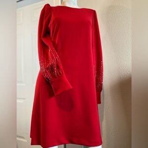 Calvin Klein~Elegant~Red~Stretch Crepe~Shift Dress~Scoop Neck~Zip Closure~Size 6